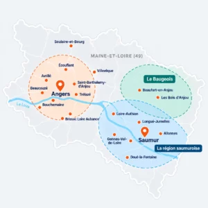 Carte de la zone d'intervention d'Ouest Ouvrage : Angers, Saumur, Baugeois